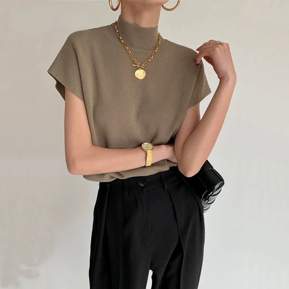 New Stand Up Collar Knit Sleeveless Top